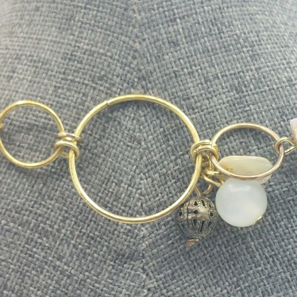 Necklace Gold Toned Ring Links Mother of Pearl Brass Beads Earth Tones Shell Lon - Picture 6 of 7